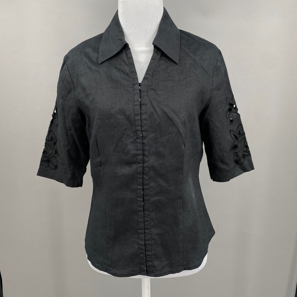 Sioni Irish Linen Blouse Women Sz M Black Cutout Floral Embroidery Hook Eye Top